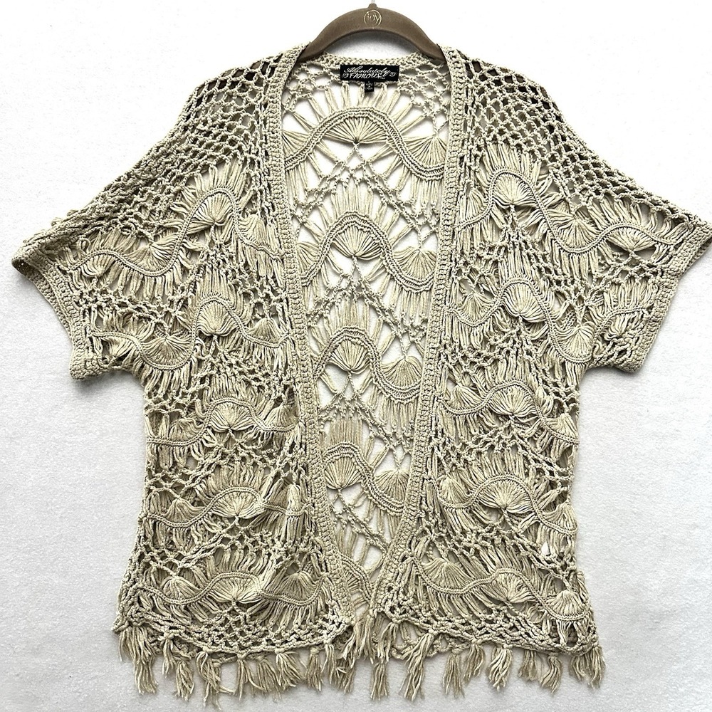 Absolutely Famous L Large Open Crochet Cardigan Fringe Festival Boho